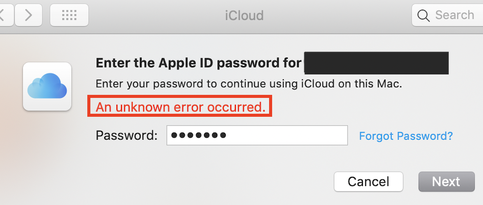 macOS iCloud - An unknown error occurred